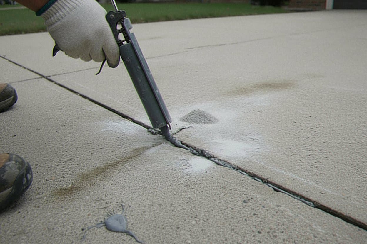 Caulk gun applying sealant into a driveway joint.