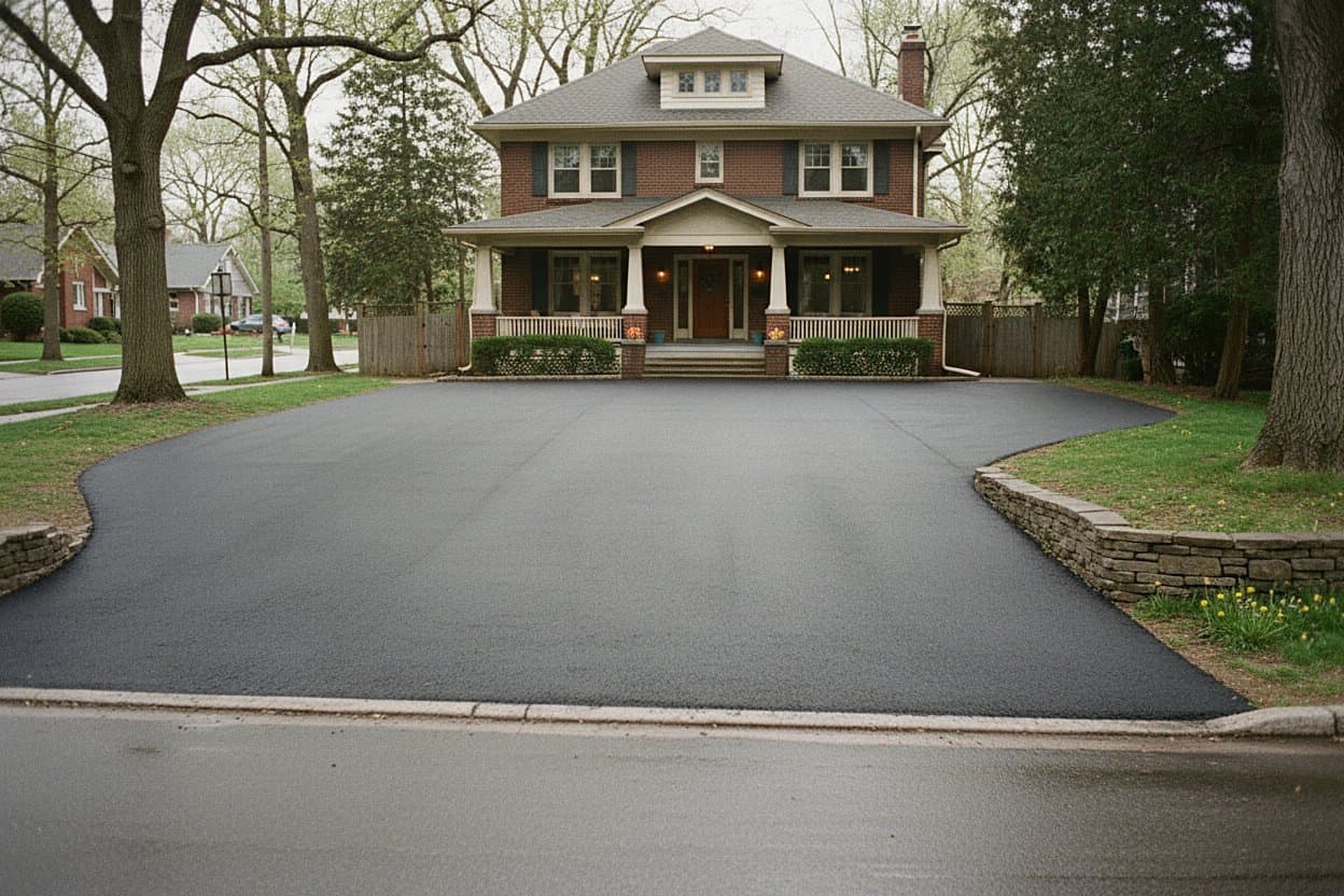 Wide freshly resurfaced driveway leading to a brick home.