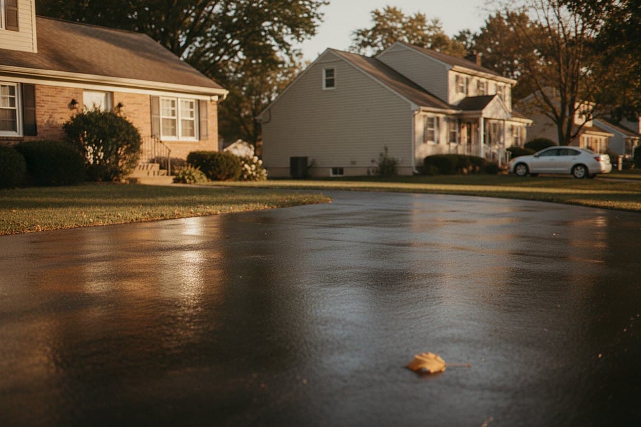 Wet-look sealed concrete driveway glistening at low sun.