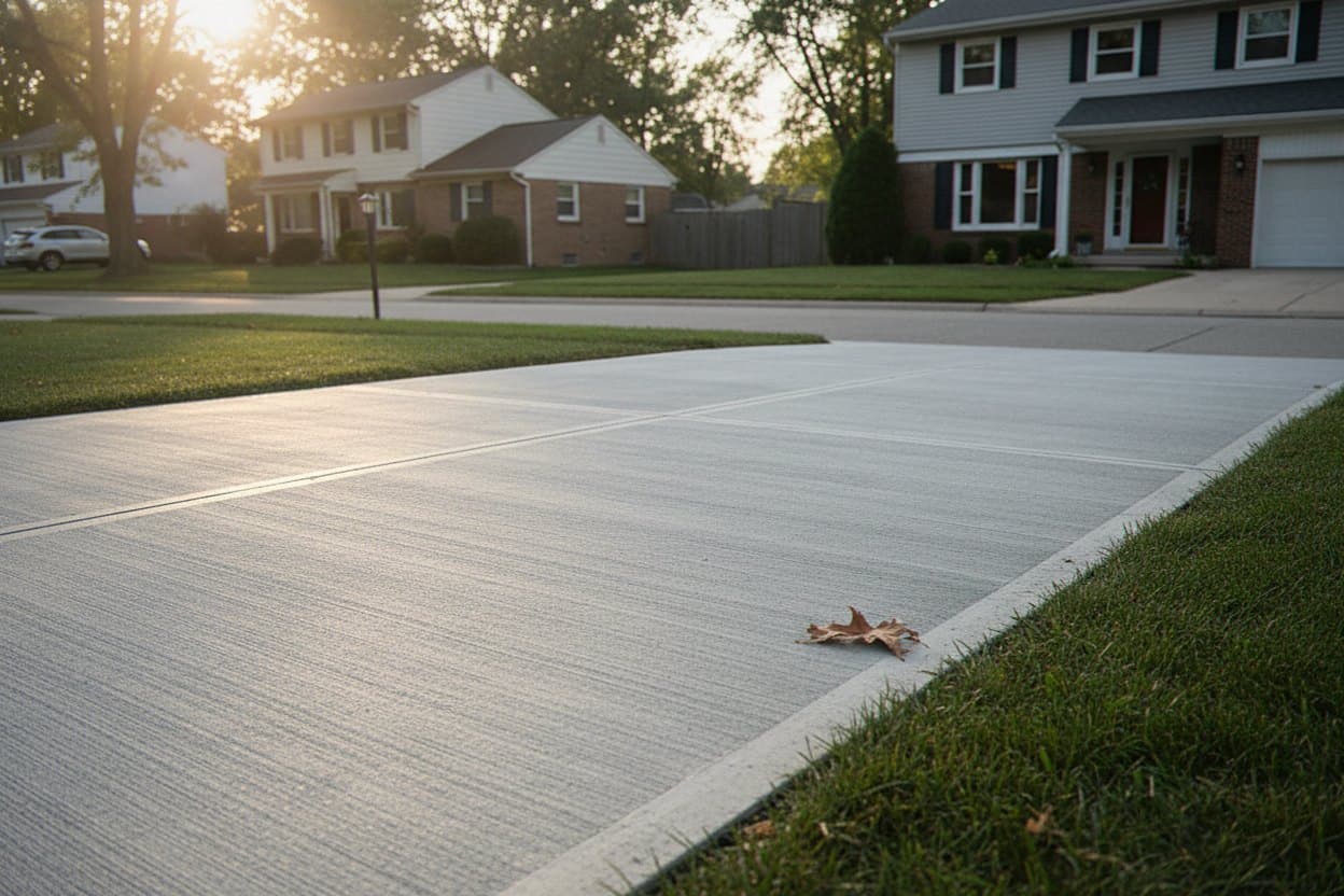 Finished broom-finish concrete driveway leading to a brick home.