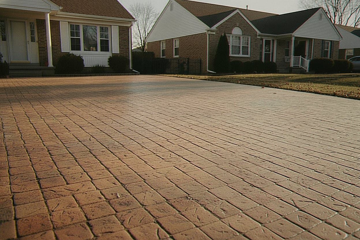 Stamped cobblestone concrete driveway in warm tones.